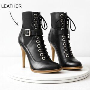 Black Leather Lace-Up | Stiletto High Heel Moto-Inspired Ankle Booties | EU 38